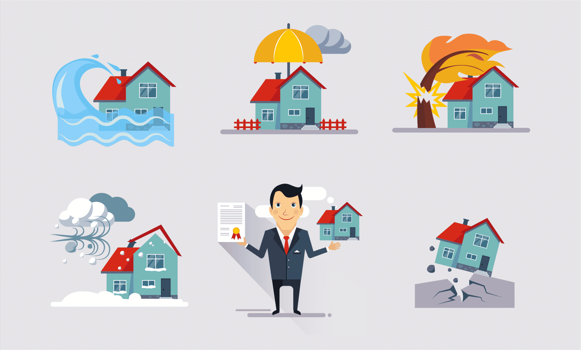 Cartoon of a home being flooded crushed by a tree having its room blown off and falling into a sinkhole Except one home is covered by and umbrella and there is a business man smiling holding an insurance policy